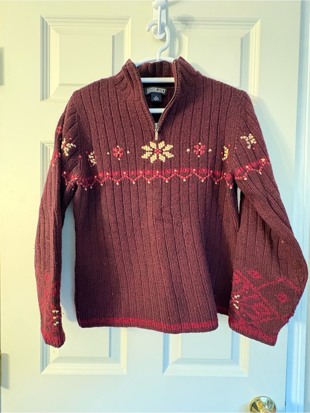 Lands' End Burgundy Zip-Up Sweater with Cream & Pink Fair Isle